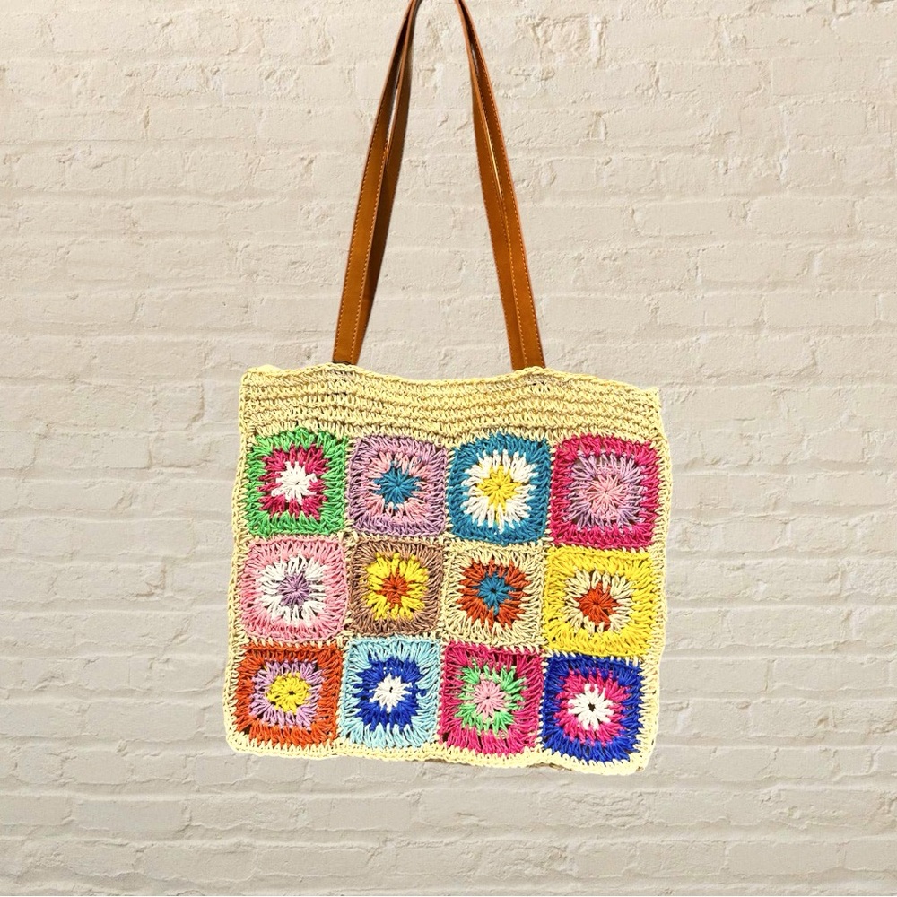 NWT Raffia Woven Granny Square Tote - Natural